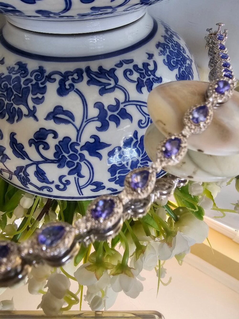 Lavender Tanzanite Rhodium Over Sterling Silver Oval Tennis Bracelet ,7,5"